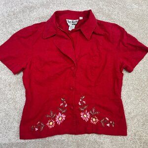 Vtg Womens Sheri Martin 12P Linen Red Floral Embroider Button Up Short Sleeve